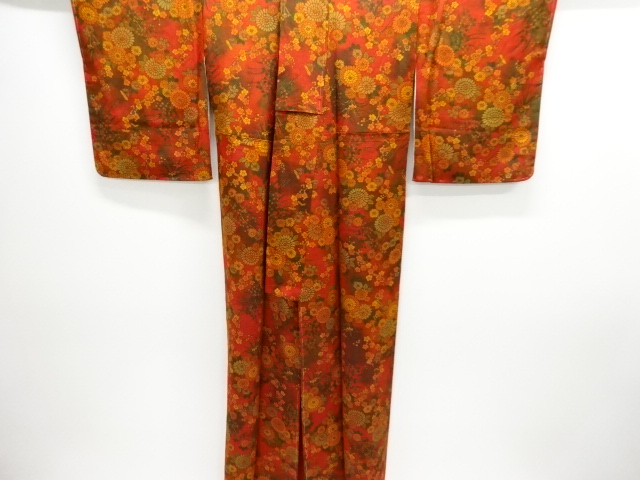  未使用品　縮緬地 枝梅に菊模様小紋着物